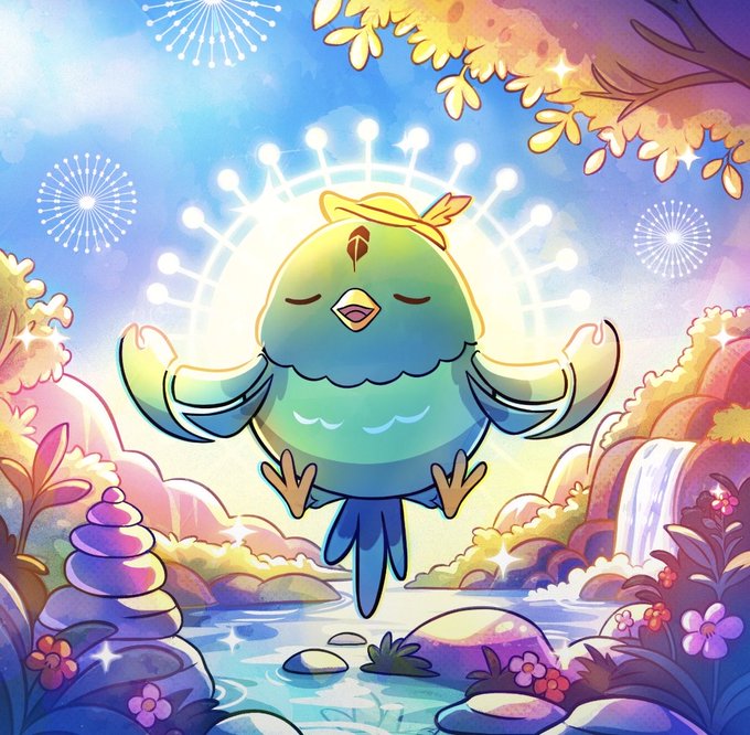 A colorful digital illustration of a cute, round, blue-green bird-like creature with closed eyes and outstretched wings, set against a vibrant fantasy landscape with a Ferris wheel, waterfall, and glowing flowers.