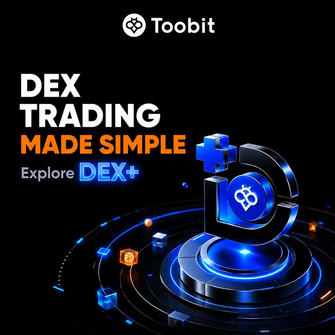 This promotional image features the Toobit logo alongside bold text reading "DEX TRADING MADE SIMPLE - Explore DEX+," set against a dark background with a futuristic blue 3D graphic of a stylized Bitcoin symbol and floating cubes. The visuals reinforce the post's message of simplified, streamlined onchain DEX trading through Toobit's new DEX+ platform.