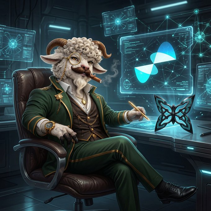 A fantasy illustration of an anthropomorphic ram with curly white wool, horns, glasses, and a mustache, dressed in a green Victorian suit and smoking a cigar while sitting at a high-tech workstation with glowing blue screens.