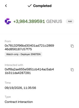 A completed cryptocurrency transaction screen showing a transfer of +3,984.389591 GENIUS between wallet addresses, labeled as a contract interaction with the watch-only deployer EINSTEIN dated 09/19/2026.