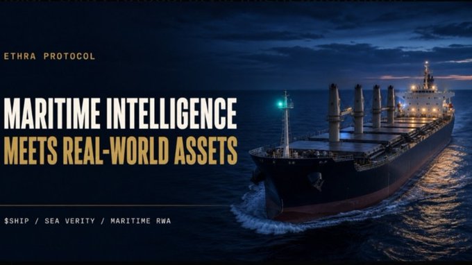 A promotional banner for ETHRA Protocol featuring a large cargo ship on the ocean at night, with text reading "MARITIME INTELLIGENCE MEETS REAL-WORLD ASSETS" and hashtags $SHIP / SEA VERITY / MARITIME RWA.