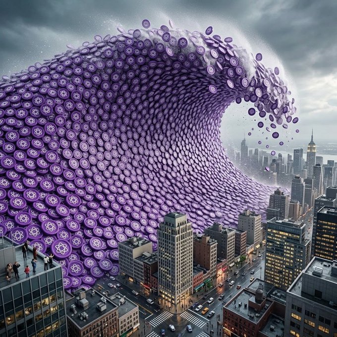A surreal digital artwork depicting a massive purple wave made of thousands of interconnected circles with atom-like symbols, towering over a detailed city skyline with skyscrapers, streets, and tiny people watching from a rooftop.