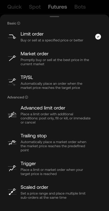 A mobile app interface showing futures trading order types including Limit order, Market order, TP/SL, Advanced limit order, Trailing stop, Trigger, and Scaled order.