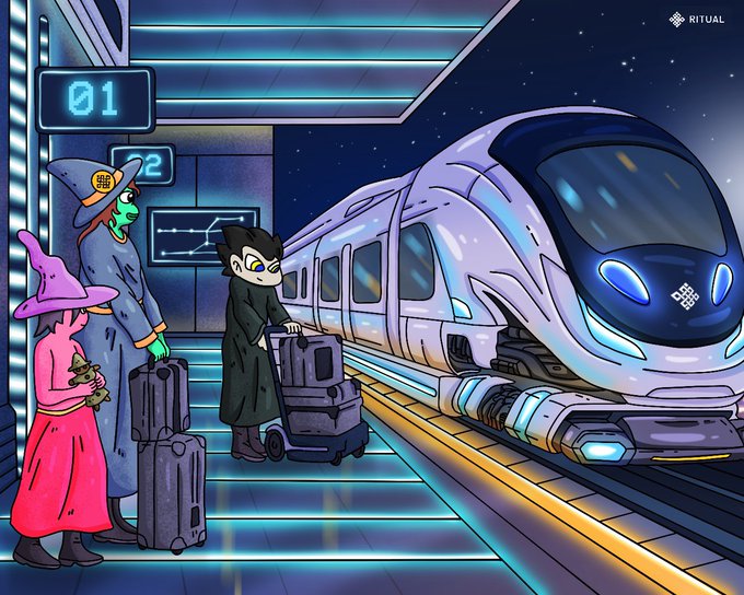 A digital illustration shows characters including a green-skinned witch and vampire-like figures with luggage waiting on a futuristic train platform as a sleek high-speed train arrives.