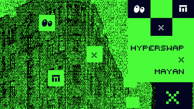 A green and black pixelated graphic with checkerboard patterns promoting 'HYPERSWAP x MAYAN' with various icons including eyes, an 'm' logo, and X marks.