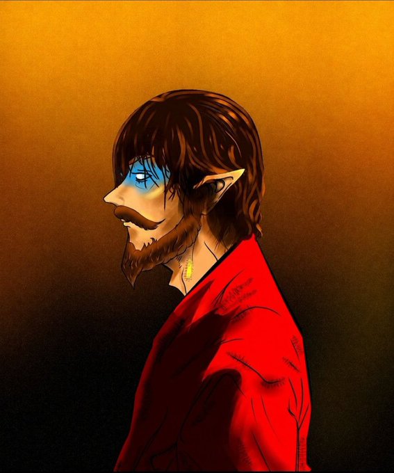 A side-profile digital illustration depicts an elf-like figure with pointed ears, dark hair, a beard, and striking blue facial markings, wearing a red garment against a warm orange-to-black gradient background.

The whimsical, fantasy-art aesthetic of the elf-like character ties into the post's NFT mint giveaway, suggesting a creative or collectible crypto project vibe that complements the promotional contest for spots to mint the Architects550 collection.