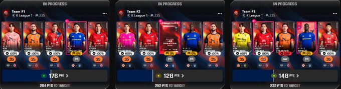 Three team panels labeled 'Team #1,' 'Team #2,' and 'Team #3,' each in progress with K League 1 player cards showing points (PTS) and progress toward target values (204, 252, and 232 PTS).