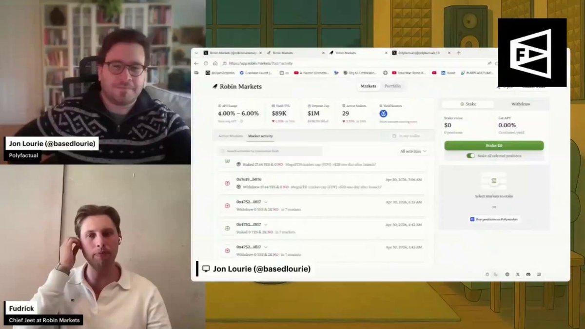 The image shows a computer screen displaying a conversation between two men, with one man wearing glasses and the other having short hair. The background of the image features a yellow wall with a chair visible behind them. The main focus of the image is on the conversation between the two men, which appears to be related to staking in Prediction Markets or trading strategies for it.