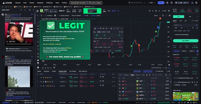 A screenshot of the Axiom trading platform showing the LAGR token at $35.14, with a green 'LEGIT' verification badge indicating the token is safe and not a honeypot.