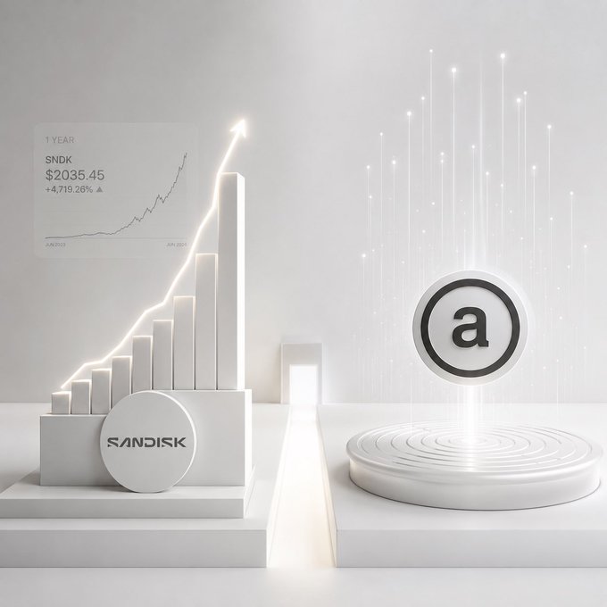 A 3D promotional render shows white podiums featuring a 'SANDISK' logo and an 'a' emblem, accompanied by a stock chart displaying 'SNDK' at $2035.45 with a +4,719.26% gain over 1 year.