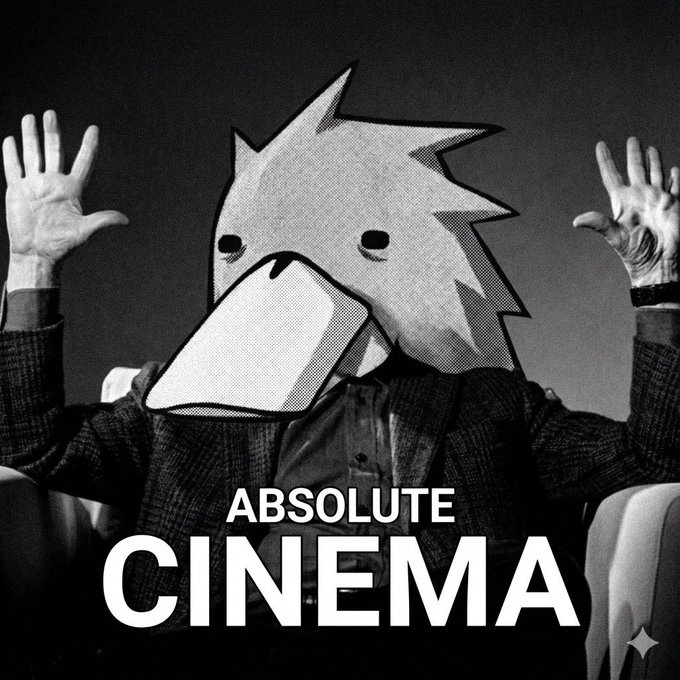 A black-and-white image showing a person in a suit wearing a cardboard mask with spiky hair holding a rectangular object over their mouth, with both hands raised, and the text 'ABSOLUTE CINEMA' displayed below.