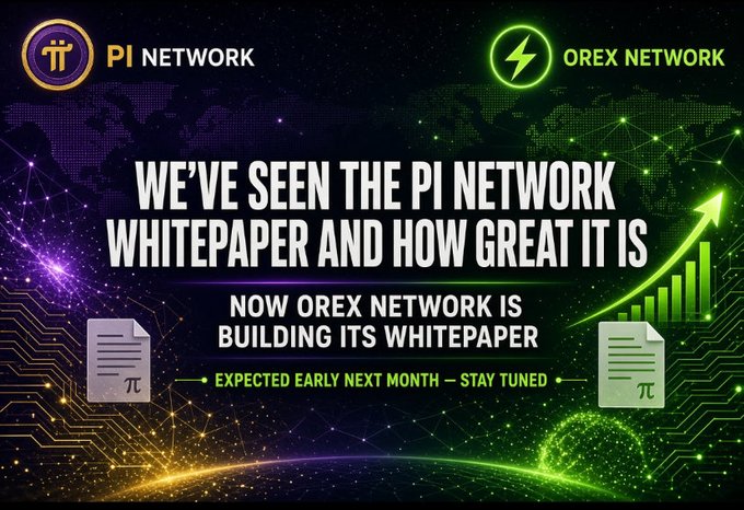 The promotional graphic for **Orex Network** references the success of **Pi Network's whitepaper**, announcing that Orex's own whitepaper is "expected early next month" with a note to "stay tuned," featuring glowing green and gold logos alongside document icons set against a cosmic, circuit-board background.