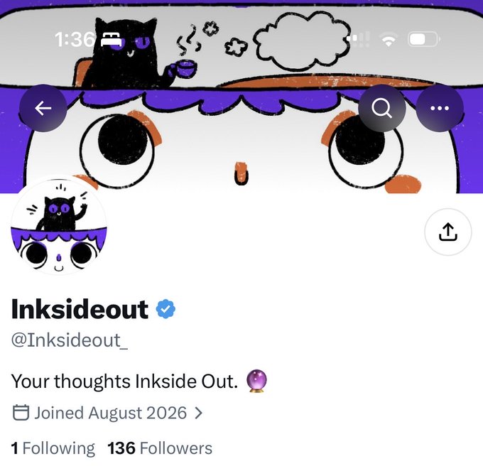 A Twitter/X profile for 'Inksideout' (@Inksideout_) features a purple-themed cartoon face header, joined August 2026, with 1 Following and 136 Followers.