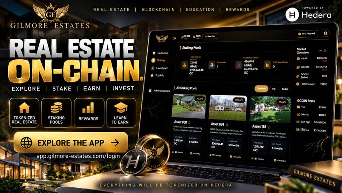 Promotional image for 'GILMORE ESTATES' advertising 'REAL ESTATE ON-CHAIN' powered by Hedera, showcasing tokenized real estate, staking pools, rewards, and a learn-to-earn feature.
