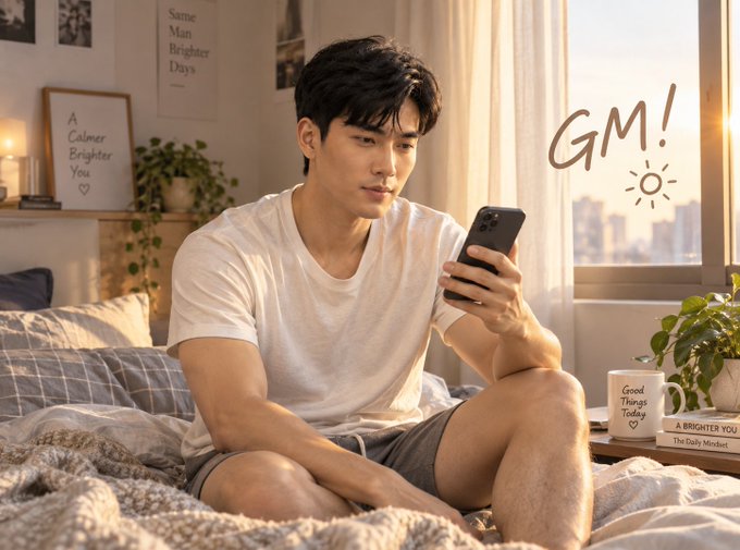 A young man in a white t-shirt sits on a bed checking his phone, with 'GM!' written on the window and motivational signs like 'A Calmer Brighter You' and 'Good Things Today' visible in the sunlit room.