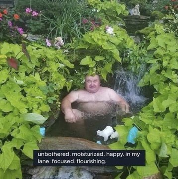 A man relaxes shirtless in a small backyard water feature surrounded by lush greenery, with text overlaid reading "unbothered. moisturized. happy. in my lane. focused. flourishing." The post about rolling out of a bear market into autumn contrasts the speaker's smooth, carefree enjoyment of seasonal change with the typically stressful market transition.