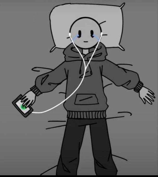 A simple cartoon stick figure lies in bed wearing a hoodie, peacefully falling asleep while listening to music through earphones connected to a device in hand, with small tears under its eyes—a tender illustration matching the gentle "Goodnight, sleep well." message.