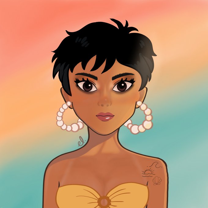 A stylized digital illustration of a young woman with short black hair, large pearl hoop earrings, and a yellow strapless top against a gradient peach and teal background.