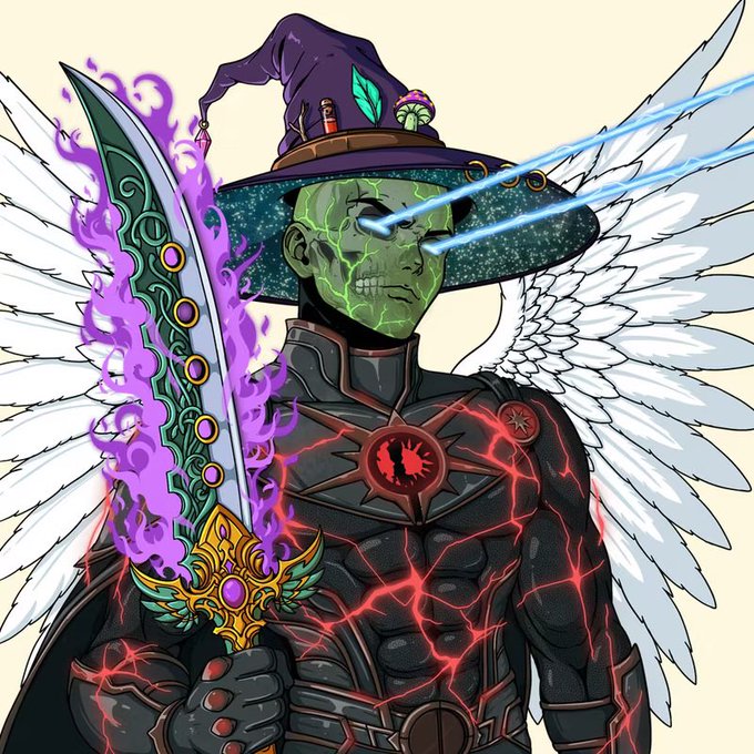 A digital illustration of a green-skinned, red-cracked wizard with white angel wings, wearing a purple hat and holding a glowing purple sword.