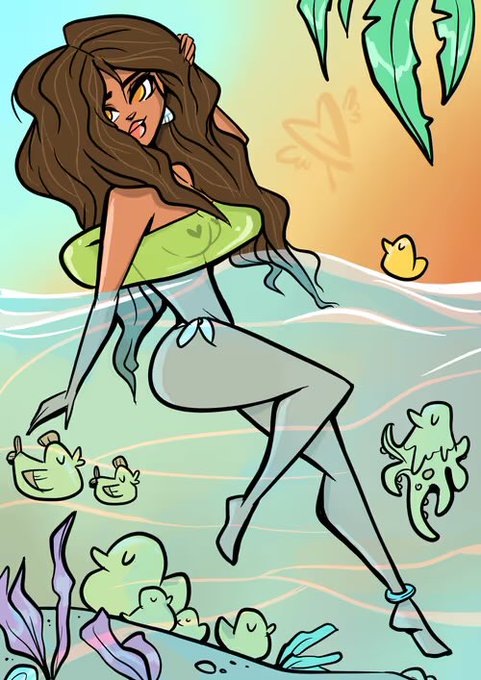 A cartoon-style illustration of a brown-haired woman in a green top and sheer blue skirt wading through water, surrounded by small green creatures, fish, and a yellow duck in a tropical setting.