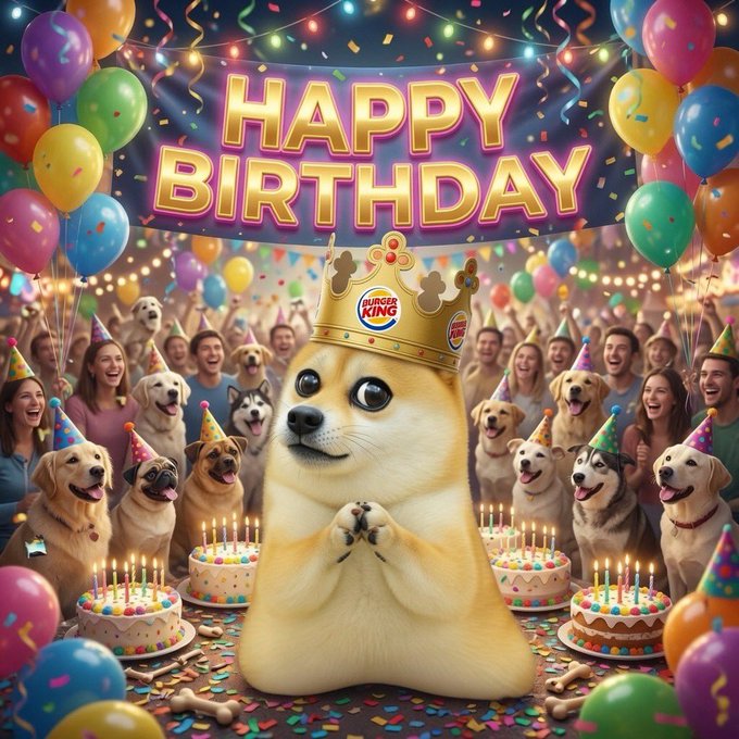 A festive 'HAPPY BIRTHDAY' digital illustration featuring a Shiba Inu dog wearing a Burger King crown at the center, surrounded by balloons, cakes, and crowds of people and dogs celebrating.