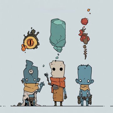 A cartoon illustration of three blocky, blue-toned figures standing together, each with a different object floating above their head: a fiery emblem, a large green bottle, and a red flower.