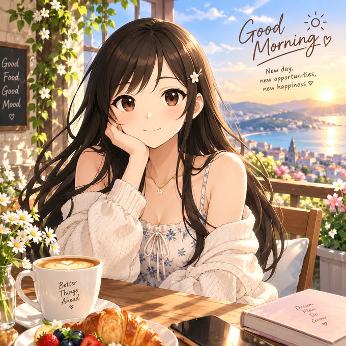 An anime-style 'Good Morning' illustration of a smiling girl with long brown hair at an outdoor café overlooking the sea, with a latte, croissant, and berries on the table, featuring text including 'Good Food Good Mood' and 'Better Things Ahead.'