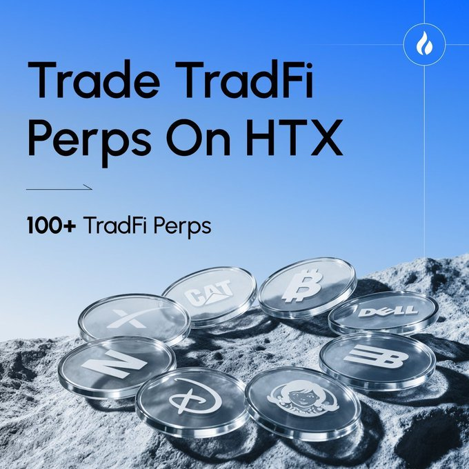 A blue-toned promotional graphic advertises "Trade TradFi Perps On HTX" with "100+ TradFi Perps" highlighted, featuring silver coins stamped with traditional finance and crypto tickers (CAT, Bitcoin, XRP, DELL, NV, New Balance logo, and others) arranged on a rocky surface, complementing the post's call to trade stocks like $NVDA, $CRM, and $CRWD around the clock via @HTXFutures.
