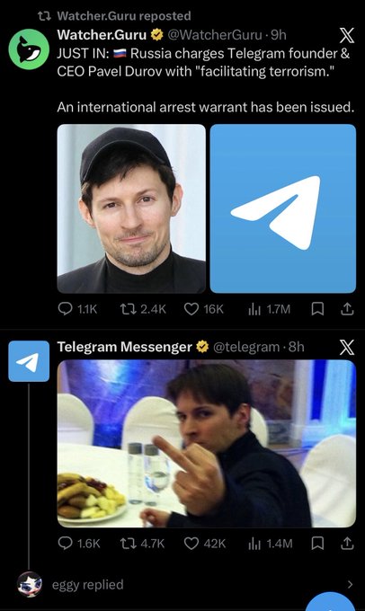 This image shows a timeline of tweets, with the top tweet from Watcher.Guru reporting Russia's charges against Telegram founder Pavel Durov, and the bottom tweet from Telegram Messenger featuring a picture of Durov.