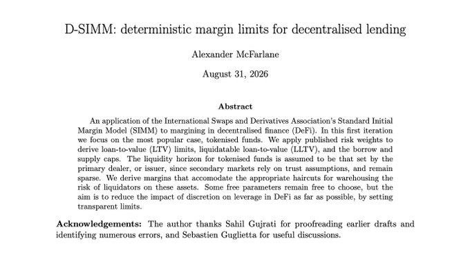 Title page of an academic paper titled 'D-SIMM: deterministic margin limits for decentralised lending' by Alexander McFarlane, dated August 31, 2026.
