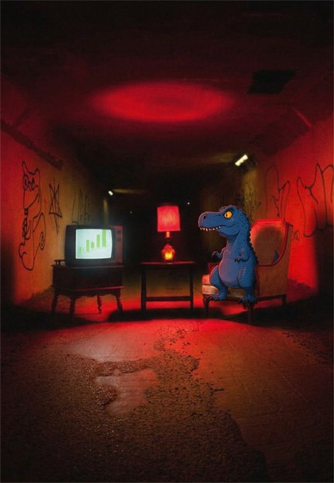 A cartoon illustration of a blue dinosaur sitting in an armchair in a dark, red-lit room with graffiti-covered walls, watching a TV with a green bar chart and a lamp on a side table.