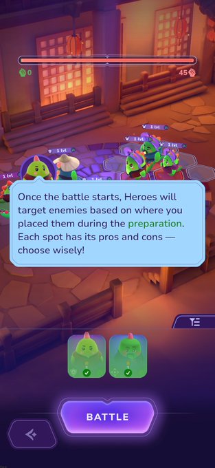 Sleepagotchi battle prep screen showing Dino heroes being placed on a battlefield grid, with a tip explaining that hero placement determines targeting order, and a prominent "BATTLE" button at the bottom to launch the fight.