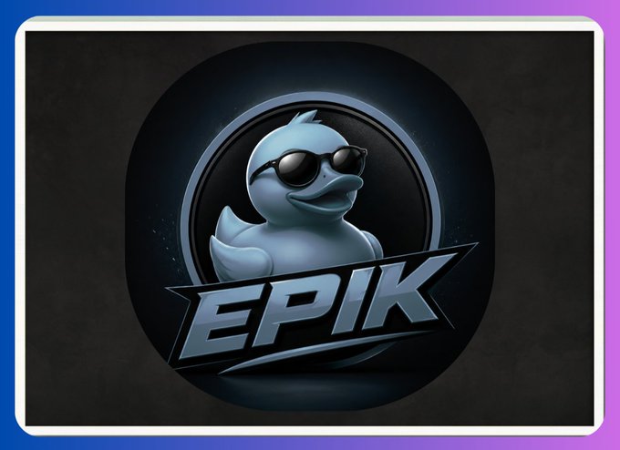 A digital logo features a blue cartoon duck wearing black sunglasses inside a circular emblem, with the stylized text "EPIK" displayed prominently below.