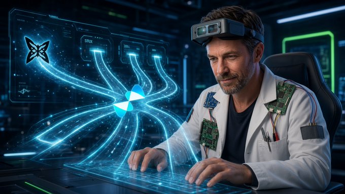 A man in a white jacket wearing an AR headset types on a glowing keyboard, with holographic STRX and Solana cryptocurrency logos floating in front of him.