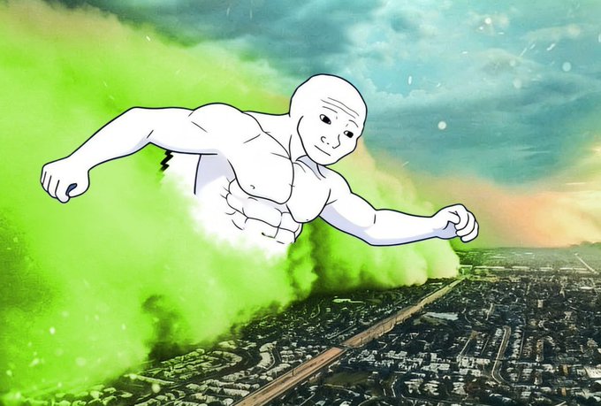 A muscular Wojak figure surges forward through green clouds above a sprawling cityscape, symbolizing the bullish prediction that $WOJAK will soar to new all-time highs as $ETH sets new ATHs this cycle.