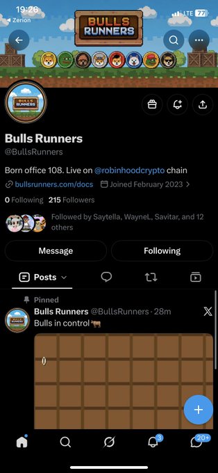 A screenshot of the Bulls Runners Twitter/X profile (@BullsRunners), showing 108 Followers, a pinned post about 'Bulls in control 🐂', and pixel-art branding with bull icons.