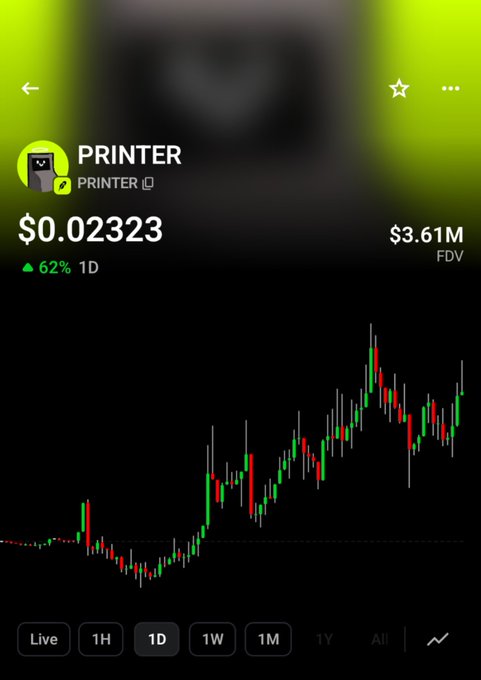 A candlestick chart of a token named 'PRINTER' showing a current price of $0.02323 with a 62% increase over 1 day and a $3.61M FDV.