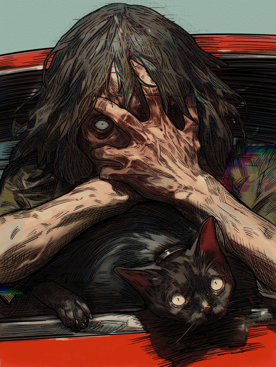 The image features a person with long hair holding their face over a cat's head, which appears to be black. The cat has its eyes open as if looking at the viewer. The background of the image is blurred, but there are some cars visible in the distance. The caption "GM" suggests that this might be an art piece or illustration related to GMC (General Motors Corporation) and not directly connected to the main scene with the person and cat.