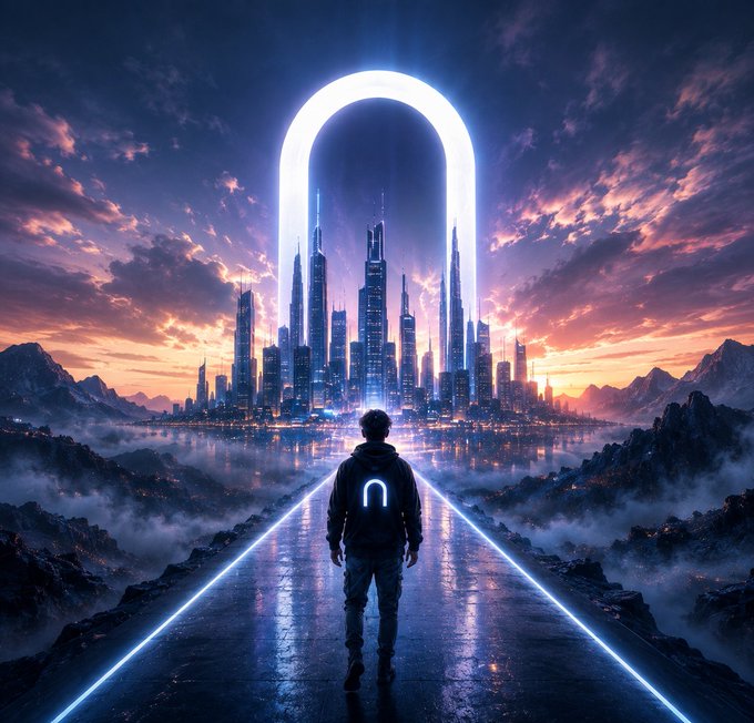 A cinematic digital artwork shows a person standing on a glowing pathway facing a futuristic cityscape beneath a massive illuminated arch against a dramatic sunset sky.