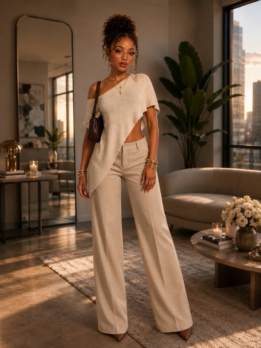 A fashion model wearing a cream-colored off-shoulder knit top and matching wide-leg trousers, accessorized with a small brown handbag and gold jewelry, posing in a modern, sunlit living room.