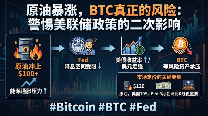 A financial infographic in Chinese about crude oil prices and Bitcoin risk, warning about secondary impacts of Fed monetary policy, with text including '原油暴涨' (crude oil surge), 'BTC真正的风险' (BTC's real risk), and hashtags '#Bitcoin #BTC #Fed'.