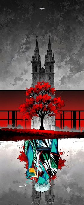The image is a vertically divided digital artwork featuring a gothic cathedral spire under a starry sky, a vivid red tree silhouetted against a red sky with power lines, and an upside-down figure in a green hoodie with an X over their face dripping paint, with "ALRAYXX" signed at the bottom.

The cathedral's twin spires rising into stormy skies mirror the post's theme of ambitious infrastructure taking far too long to build, while the bold red tree and chaotic inverted figure suggest disruption and reinvention—visually echoing @CNPYNetwork's promise to cut through traditional delays by letting AI handle web3 complexity so developers can deploy in days instead of months.