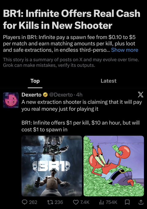 A news summary titled 'BR1: Infinite Offers Real Cash for Kills in New Shooter' featuring a tweet from Dexerto (@Dexerto) about the extraction shooter game paying $1 per kill.