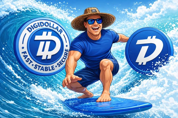 A smiling surfer in a straw hat and sunglasses rides a wave on a DigiDollar-branded surfboard, holding up two large "DigiDollar" coins emblazoned with its "D" logo and the words "FAST • STABLE • SECURE." The image visually reinforces the post's message of DigiDollar stablecoin bringing smooth, positive momentum to the $DGB ecosystem.