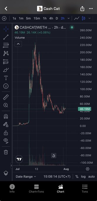 The image shows a TradingView chart of Cash Cat (CASHCAT/WETH) on a 2-hour timeframe, displaying a market cap that peaked above 200M in July before crashing sharply to around 46.19M (-26.14K, +0.06%), illustrating a roughly 4x decline from its all-time high.