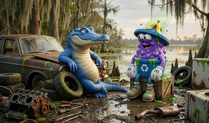Two colorful cartoon characters, a blue alligator leaning against an old car and a purple blob-like figure in a hat, sit together in a swampy area with Spanish moss hanging from the trees.