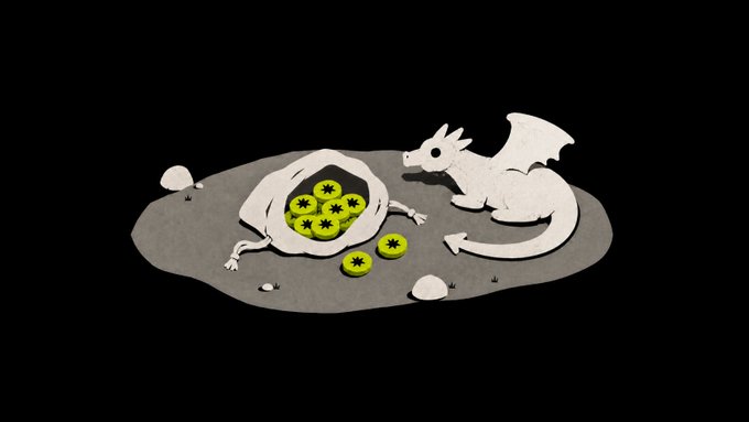 A cartoon illustration shows a white dragon and a skeletal creature on a gray patch, surrounded by green coins marked with asterisks, depicting a "whale" who has made millions on various meme coin tickers ($pons, $cashcat, $ai, $net) and is now figuring out how to use their gains to generate yield through lending protocols and liquidity pools without crashing the price by selling.