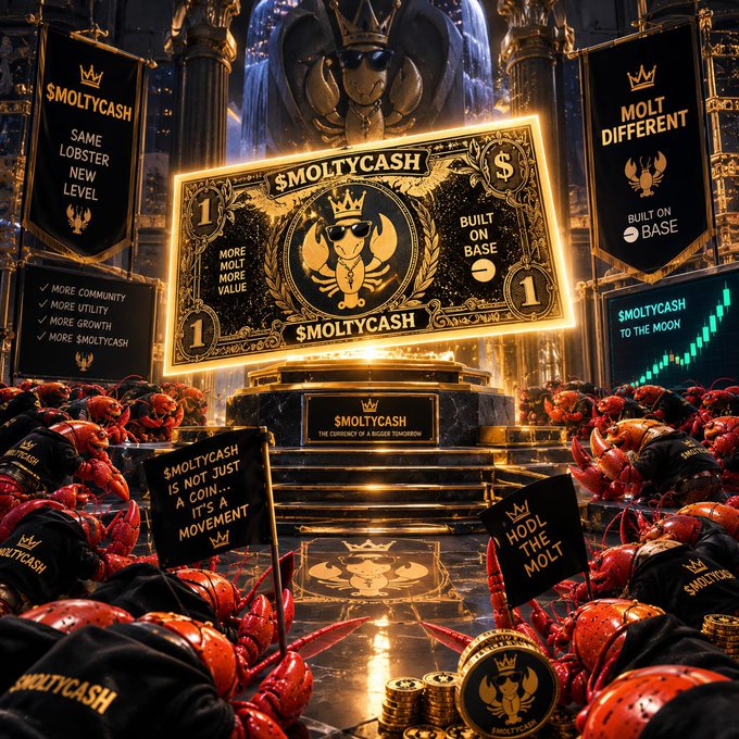 A grand throne room filled with red lobsters bowing before a glowing golden "$MOLTYCASH" dollar bill emblazoned with a sunglasses-wearing lobster mascot crowns the central pedestal, with banners declaring "SAME LOBSTER NEW LEVEL," "MOLT DIFFERENT," "BUILT ON BASE," and "TO THE MOON" alongside checklist promises of "MORE COMMUNITY, MORE UTILITY, MORE GROWTH, MORE $MOLTYCASH," while lobster-held signs proclaim "$MOLTYCASH IS NOT JUST A COIN... IT'S A MOVEMENT" and "HODL THE MOLT," perfectly visualizing the post's meme about a lobster army pledging loyalty to the $MOLTYCASH Base token and its "molt serious" community-driven mission.