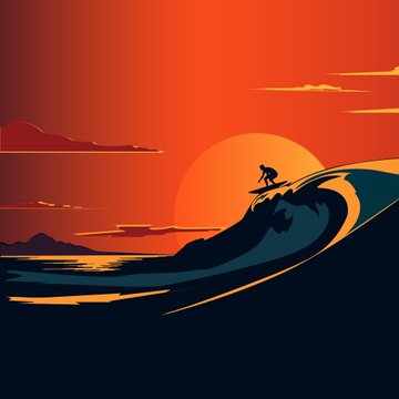 An illustration of a surfer riding a large wave at sunset, with a vibrant orange and red sky and a large sun on the horizon.