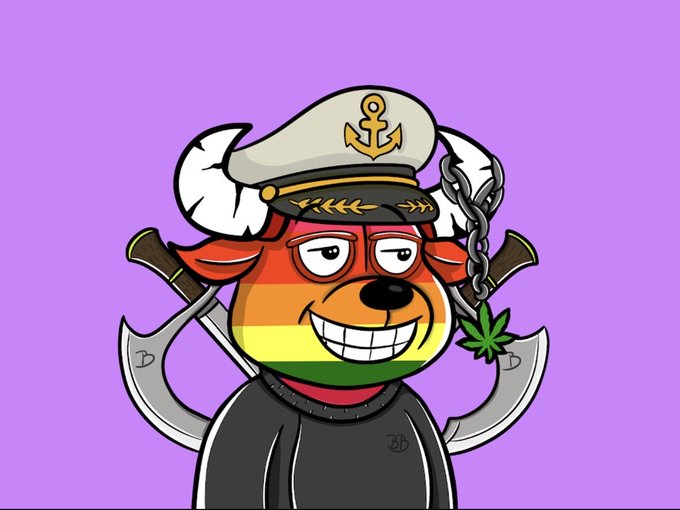 A cartoon character with a rainbow-colored dog face wearing a white naval captain's hat and a black shirt, holding crossed anchors and a cannabis leaf on a chain against a purple background.